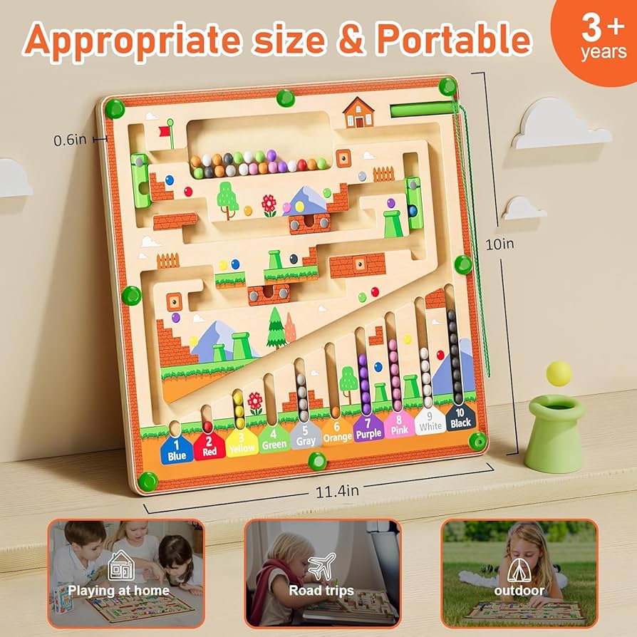 Magnetic wooden maze board with colorful numbered activities